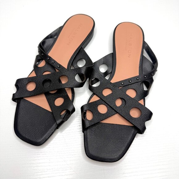 Halston Heritage Cutout Studded Criss Cross Leather Slide Sandals Flats Womens 6 - Picture 1 of 8